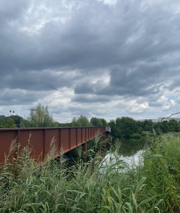 Blick auf die den Rostbalken bzw. Wuhlesteg über die Wuhle in Richtung Osten - umgeben von Vegetation und Wolken.
